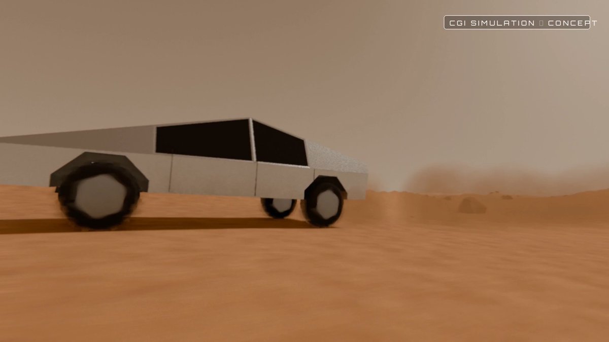 A CGI simulation video frame labeled 'CGI SIMULATION @ CONCERT' showing a low-poly 3D model of a Cybertruck-like vehicle driving through a desert landscape with dust clouds.