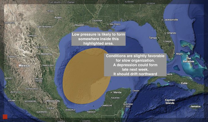 A weather map showing the Gulf of Mexico and southern US coastline, with text indicating 'Low pressure is likely to form somewhere inside this highlighted area' and conditions favorable for slow organization.