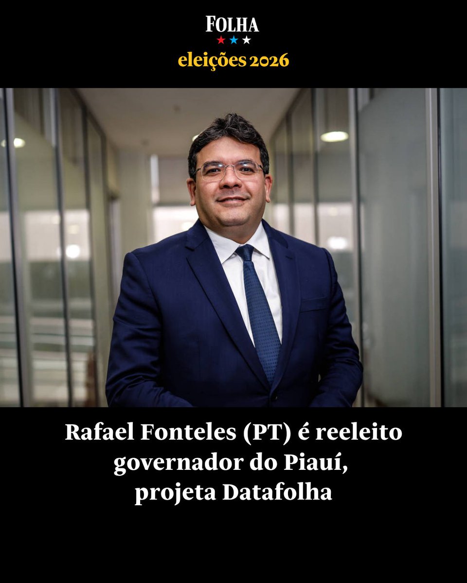 folha's tweet photo. O governador do Piauí, Rafael Fonteles (PT), está reeleito em primeiro turno, projeta o instituto Datafolha. Com 28,51% das urnas apuradas, Fonteles tinha 67,97% dos votos válidos.

Leia mais em https://t.co/pe25Frs4G0

Em segundo aparecia Joel Rodrigues (PP), com 30,04%. Rodrigues teve apoio do presidente nacional do PP, o senador Ciro Nogueira (PP-PI).