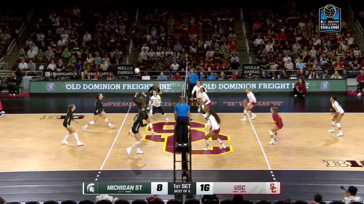 A volleyball match between Michigan St and USC at the Discover Volleyball Challenge, with USC leading 16-8 in the 1st set.