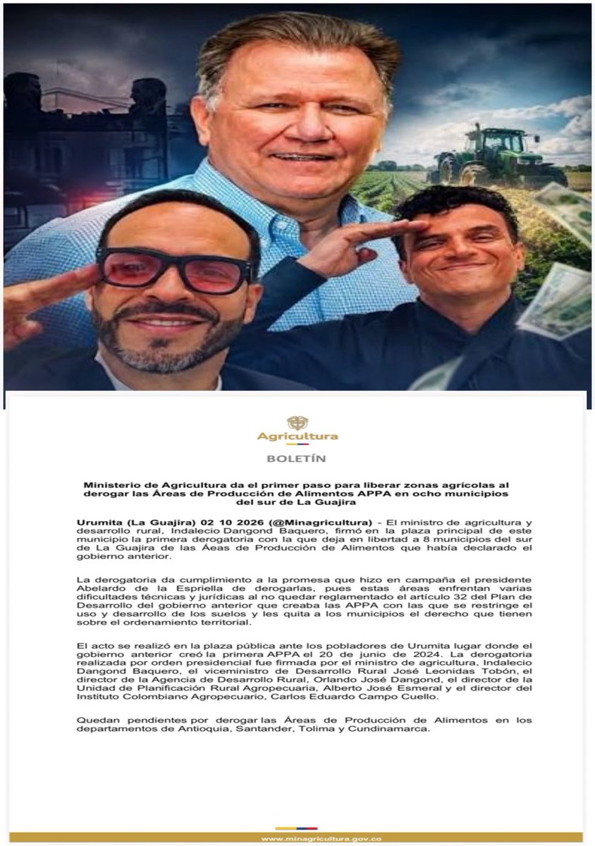 RuraliaUrbana's tweet photo. En la plaza principal de Urumita, como puede observarse en posteo citado, el mezquino Ministro de @MinAgricultura, Indalecio Dangond Baquero, junto a la cúpula institucional del sector agrario - el viceministro José Leonidas Tobón, el director de la @ADR_Colombia Orlando José Dangond, el director de la @UPRAColombia Alberto José Esmeral y el director del @ICACOLOMBIA Carlos Eduardo Campo Cuello -, firmó la resolución que deroga las Áreas de Protección para la Producción de Alimentos (APPA) en 8 municipios de La Guajira. 

Este acto, que cumple una promesa arbitraria del presidente de la autodenominada "Patria Milagro" @ABDELAESPRIELLA bajo el pretexto de "liberar el suelo" y otorgar autonomía municipal, atenta contra el Estado Social de Derecho, la soberanía alimentaria y las comunidades campesinas e indígenas Wayúu y Kankuamas. 

PARA "justificar la medida", la cartera agropecuaria alegó fallas técnicas y jurídicas por falta de reglamentación del artículo 32 del Plan Nacional de Desarrollo. Sin embargo, este argumento resulta jurídicamente insostenible, pues la derogatoria viola la protección reforzada a las comunidades rurales consagrada en el artículo 64 de la Constitución (Acto Legislativo 01 de 2023) e infringe el principio de no regresividad de los Derechos Económicos, Sociales, Culturales y Ambientales (DESCA).

La creación de la primera APPA en junio/2024 constituyó una situación jurídica consolidada sobre la cual cientos de familias organizaron sus proyectos de siembra, supervivencia y conservación hídrica. Arrebatar esta figura sin los estudios edafológicos y técnicos de la UPRA representa un vicio de inconstitucionalidad y una clara desviación de poder que vulnera el debido proceso administrativo (Art. 29 C.P.), al prescindir de la consulta previa y la concertación territorial exigidas.

Tras el discurso de la "libertad de la tierra" se oculta una estrategia para favorecer a sectores económicos concentrados a costa del campesinado y comunidad indígena local. La eliminación de las APPA busca desmantelar los frenos jurídicos que impedían la expansión del monocultivo extensivo, la agroindustria a gran escala y la minería extractivista en zonas frágiles de La Guajira.

No existen casualidades, sólo causalidades... 

Con esta decisión, el gobierno entrega las reservas hídricas y las tierras productivas a los intereses corporativos que respaldan su proyecto político. En una región fuertemente castigada por la sequía y la desnutrición infantil, subordinar la vocación alimentaria del suelo al extractivismo condena a las comunidades autóctonas al desplazamiento forzado o a la servidumbre. 

Desde el ámbito constitucional y contencioso-administrativo, la actuación del Ejecutivo es ilegítima e ilegal, pues ni el Presidente ni sus ministros cuentan con facultades para anular directrices de ordenamiento ambiental mediante meras decisiones políticas. Por ello, la medida es demandable ante el @consejodeestado mediante acciones de nulidad con solicitud de suspensión provisional.

Asimismo, las comunidades étnicas y campesinas afectadas pueden acudir a la Acción de Tutela para frenar esta vulneración masiva a sus derechos fundamentales a la subsistencia, el territorio, la consulta previa y la soberanía alimentaria.

Lo sucedido en Urumita pone en marcha un modelo económico regresivo que prioriza el capital sobre la vida y la seguridad alimentaria del país. Un zarpazo y trampa jurídica que despoja al sur de la Guajira paracolmo de males.
 
https://t.co/7k8nPq0pC2

Ante la intención de extender esta derogatoria al resto de Colombia en Antioquia,  Santander, Tolima y Cundinamarca, la sociedad civil, organizaciones agropecuarias campesinas, asociaciones sobre protección del campesinado como étnicas y los estrados judiciales tienen la responsabilidad de frenar este retroceso inconstitucional vulnerante, que pretende imponerse de manera autoritaria "a lo que dé" !!
@RELE_CIDH 
@dw_espanol
@FAO 
@CConstitucional 
@LigaNoSilencio 
@FLIP_org
