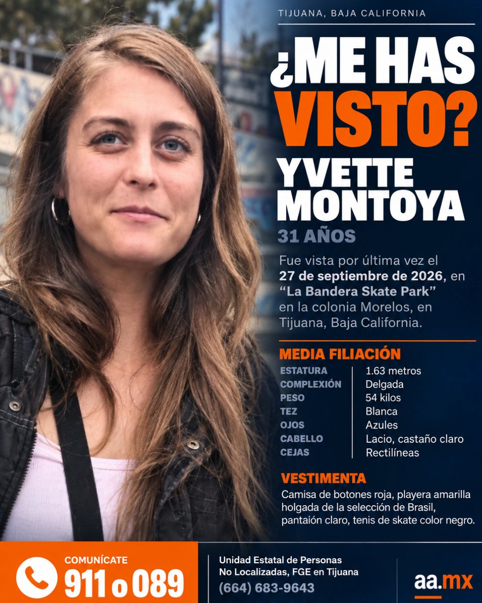 alfredoalvarez1's tweet photo. URGE LOCALIZARLA: Yvette Montoya, de 31 años, fue vista por última vez el 27 de septiembre en “La Bandera Skate Park” de la colonia Morelos. Mide 1.63 m, es de complexión delgada, tez blanca, ojos azules y cabello castaño claro. Comparte para ayudar a que regrese a casa. https://t.co/19nBZAXwws