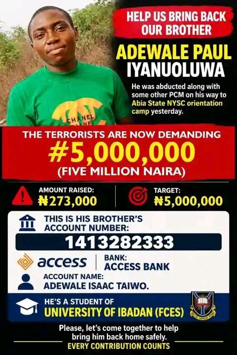 realQudus's tweet photo. My dearest people, 

I’ve never done this on this space before but this one is so particular to me; it’s now I just understand the prayer; eni ti o kan ti o ka wa, ki olohun ma je ko kan. 

This is my friend and he was abducted on his way to camp, we’ve been able to negotiate with the kidnappers from the initial ransom payment of 50 million to 5 million and so far, we were able to raise just 273k and as of this evening 5pm to be precise, we were given another grace till 12pm tomorrow. Kindly assist with any amount. May we not be a victim of bad circumstances. 

Help us get Paul out safely 🤲