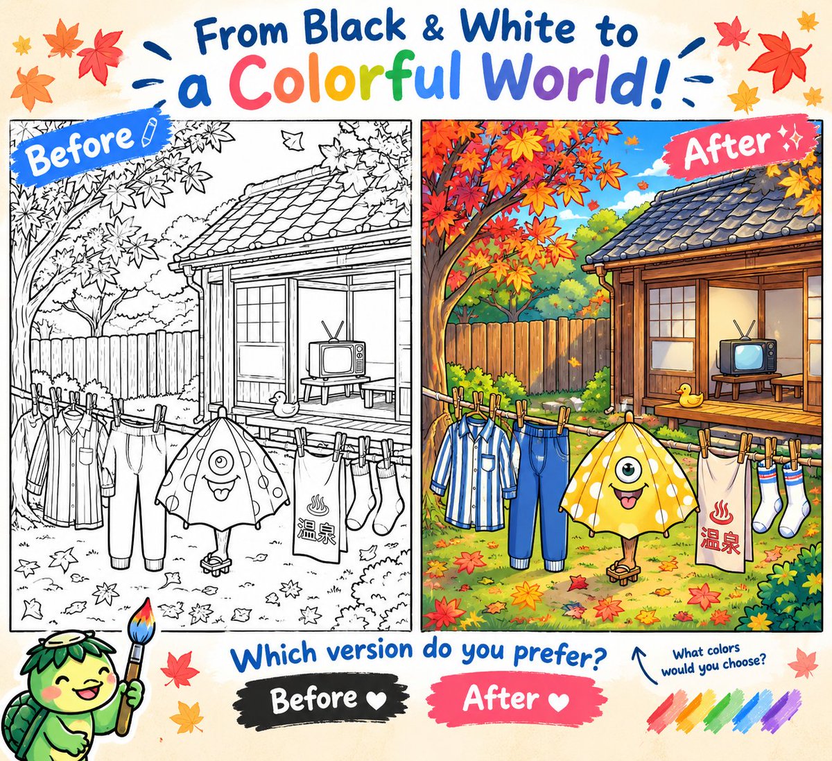 JapanYokaiColor's tweet photo. Before→After
What if a Japanese yokai joined everyday life in a traditional Japanese town?

This little one-eyed umbrella yokai is enjoying a quiet autumn day surrounded by maple leaves, a traditional Japanese house, and a cozy hot spring atmosphere.

From a simple coloring page https://t.co/W3wowsCaBK