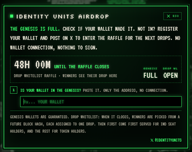 IdentityUnits's tweet photo. Genesis is FULL. 

Thank you to every IMD seat holder who showed up. The swarm saw you.

Check if your wallet made it:
https://t.co/ndTy3tB2md

Not in? Register your wallet and post on X to enter the raffle.

How it works:
→ winners are picked from a future block hash, nobody controls it
→ every winner is assigned to one of the 14 upcoming drops
→ come back to the site and see which drop is yours