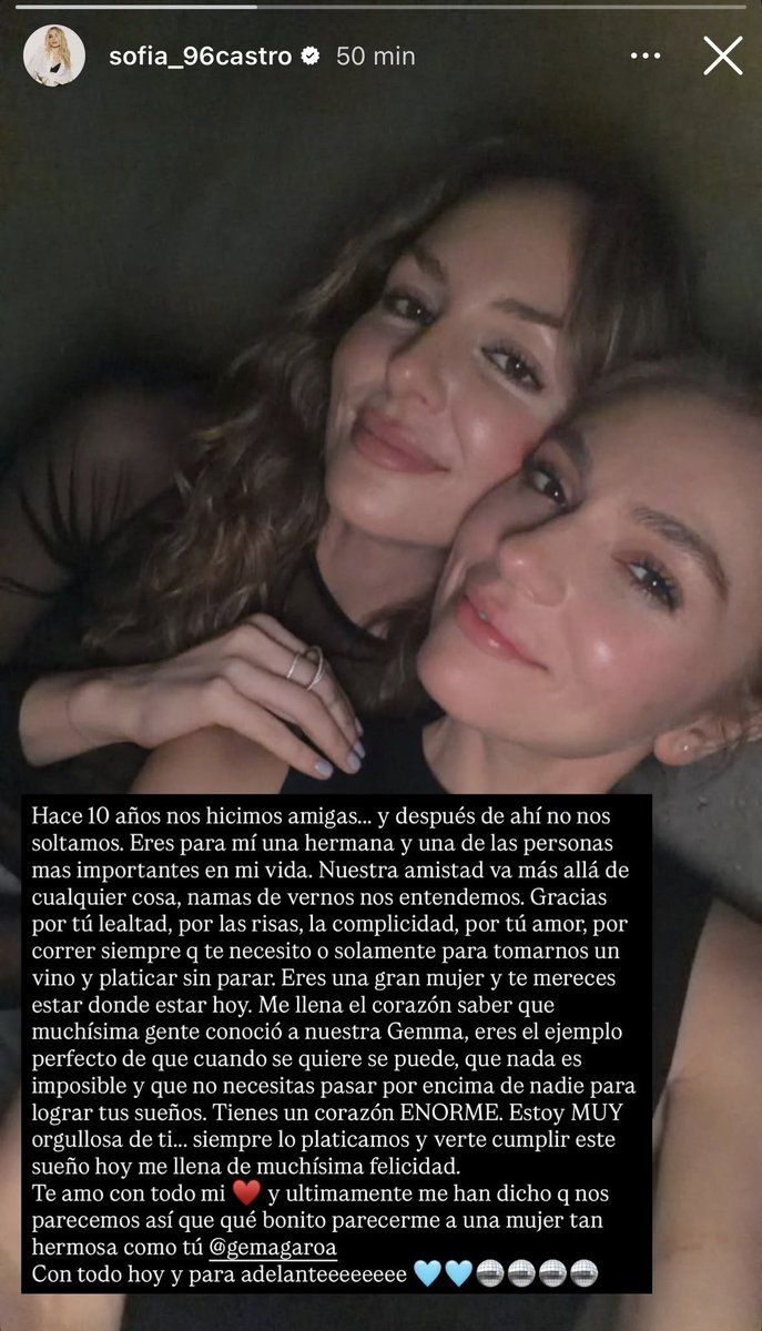 gemidorasvip's tweet photo. Sofía Castro dedica unas hermosas palabras a Gema Garoa🪩

“Hace 10 años nos hicimos amigas… y después de ahí no nos soltamos.” 

Sofía compartió un emotivo mensaje destacando su amistad, lealtad, corazón y lo orgullosa que está de verla cumplir uno de sus grandes sueños. ✨ https://t.co/u7dnRKpx8B