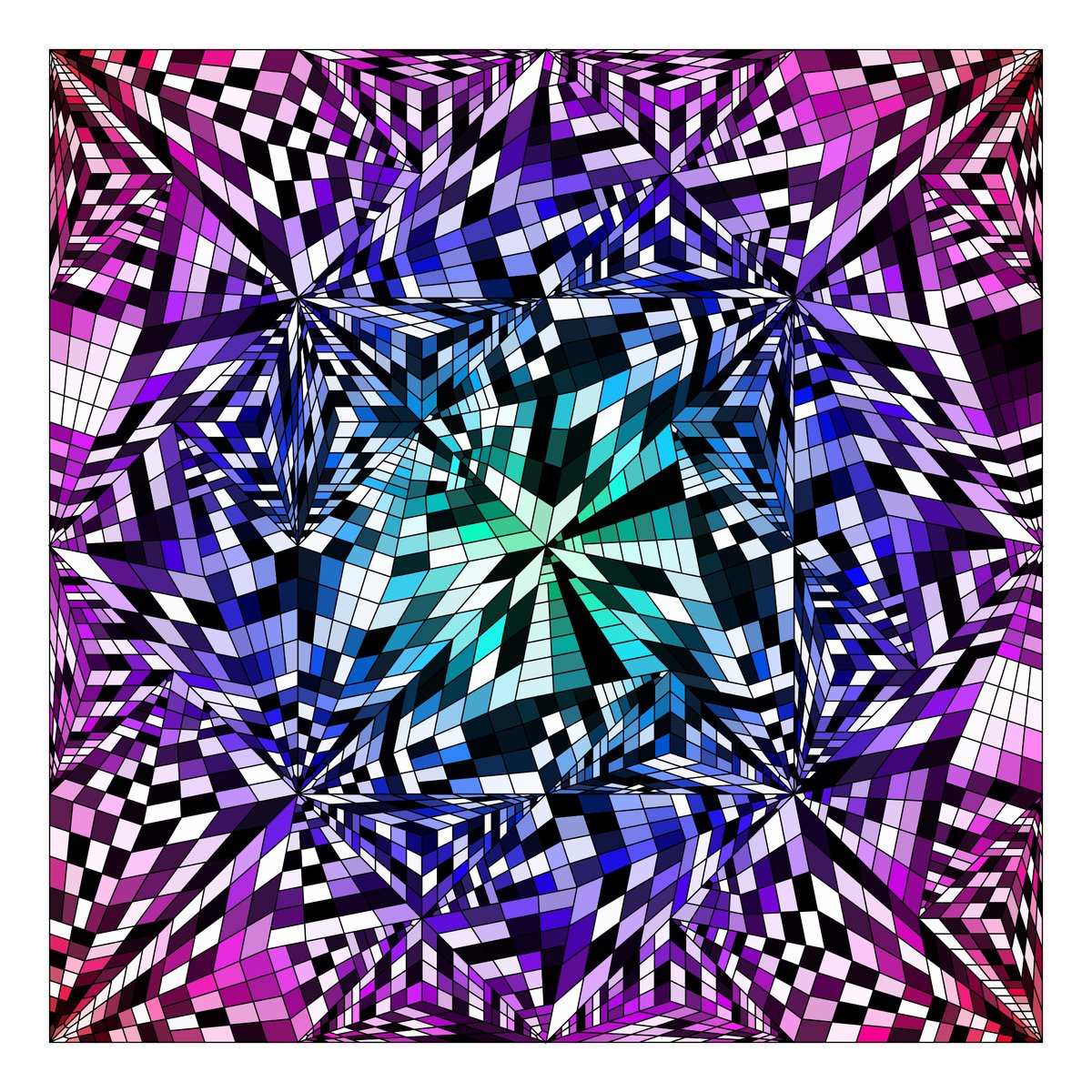 FrankHDot's tweet photo. pattern 43: 
start: 4
split:
  | depth = 0 => 1
  | depth = 1 => 3
  | depth = 2 => 4
  | depth = 3 => 1
  | depth = 4 => 4
  | depth = 5 => 4
  | depth = 6 => 4
  | depth = 7 => 2   
  | _ => 0
color: hsl((dist*0.6) + 0.4, 0.5..1, wave(0.325+ 100*angle))
#creativecoding #pattern https://t.co/GWeuKlXHUG