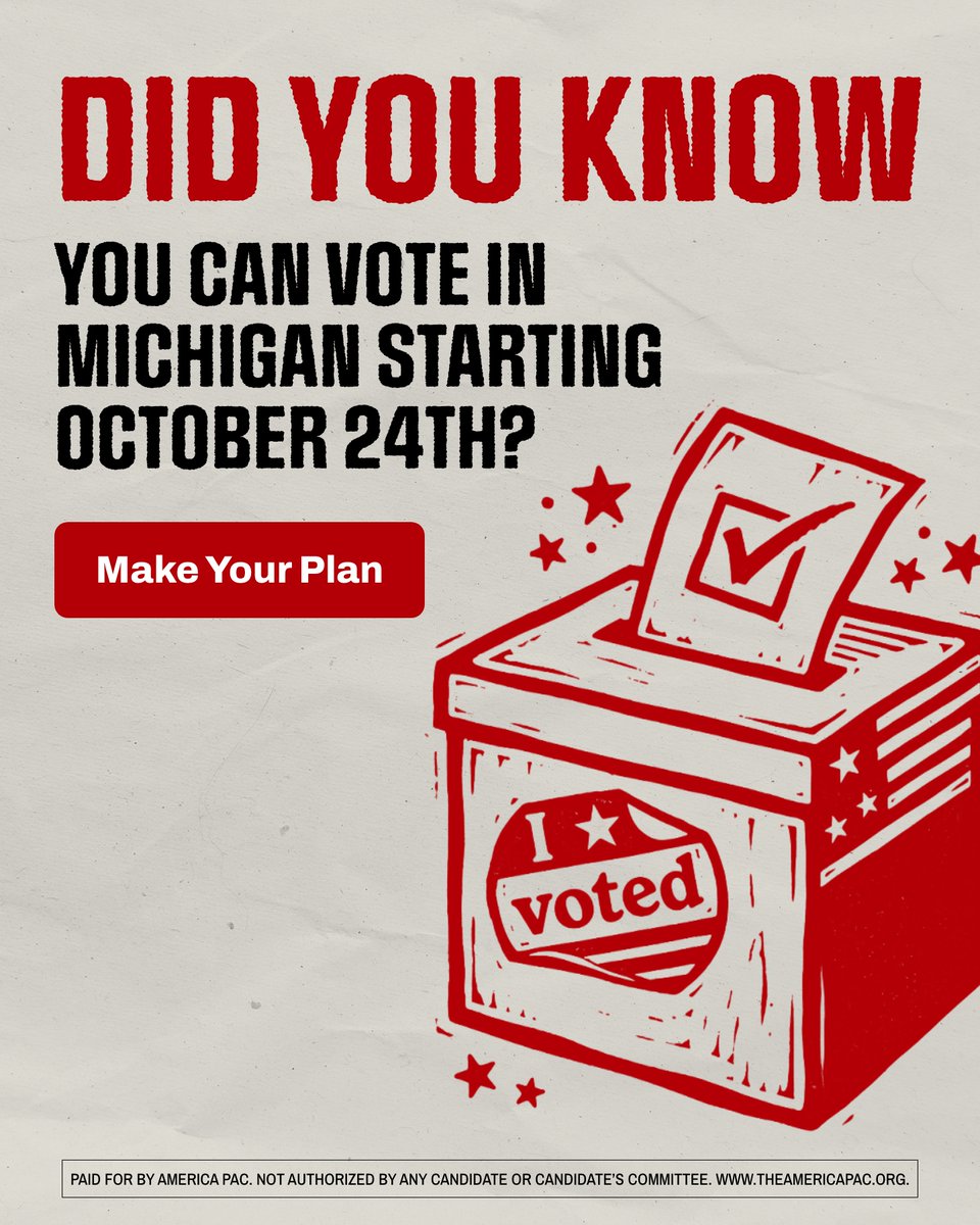 america's tweet photo. Your friends, family, and neighbors are counting on you to vote this year. Don't want until the last minute to make a plan. Early voting begins on 10/24 and Election Day is on 11/3. Make your plan to vote Mike Rogers for Senate today!