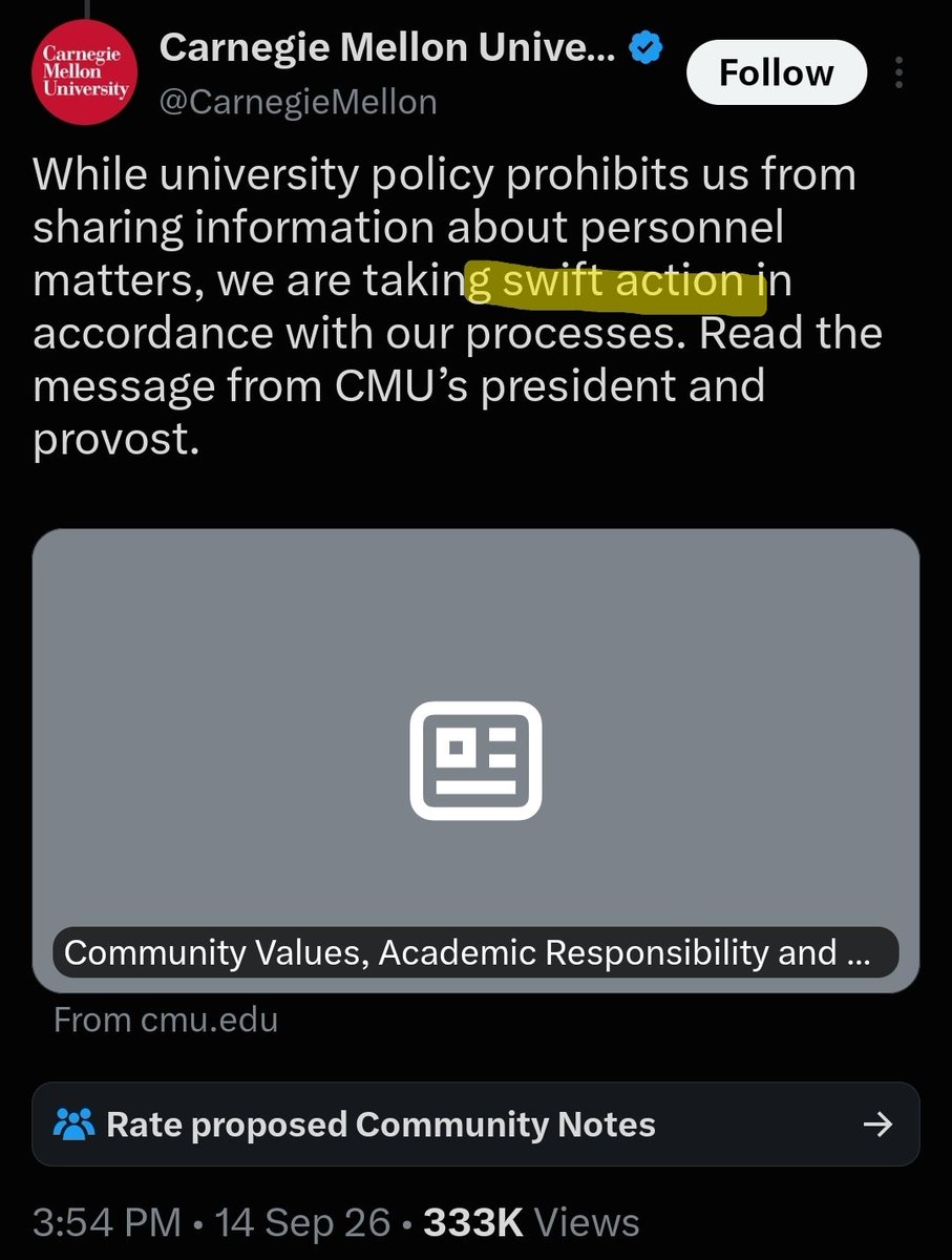 DeAngelisCorey's tweet photo. It has been TWENTY DAYS since you promised us "swift action," @CarnegieMellon.

What are you going to do about your racist professor?

You aren't responding to any calls or emails.

You are hiding replies and deleting posts. 

Why? https://t.co/wKcb1AB18T