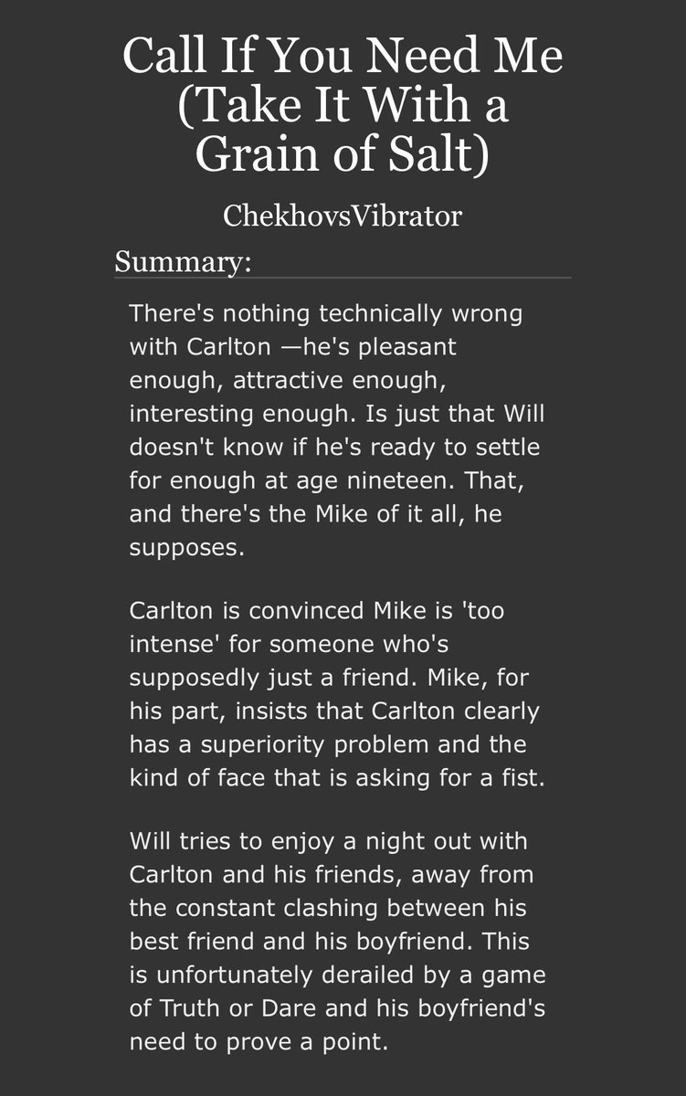 indiebylers's tweet photo. Call If You Need Me (Take It With a Grain of Salt) by @ChekhovsVibe 
• teen
• ccntuaw   
• 13.4k, 1/1
 • My personal offering for the 'Fuck Carlton All My Homies Hate Carlton' club

this prompt has been going around and i loved how the author executed it! - 🥝 https://t.co/jVlBdxXaO1