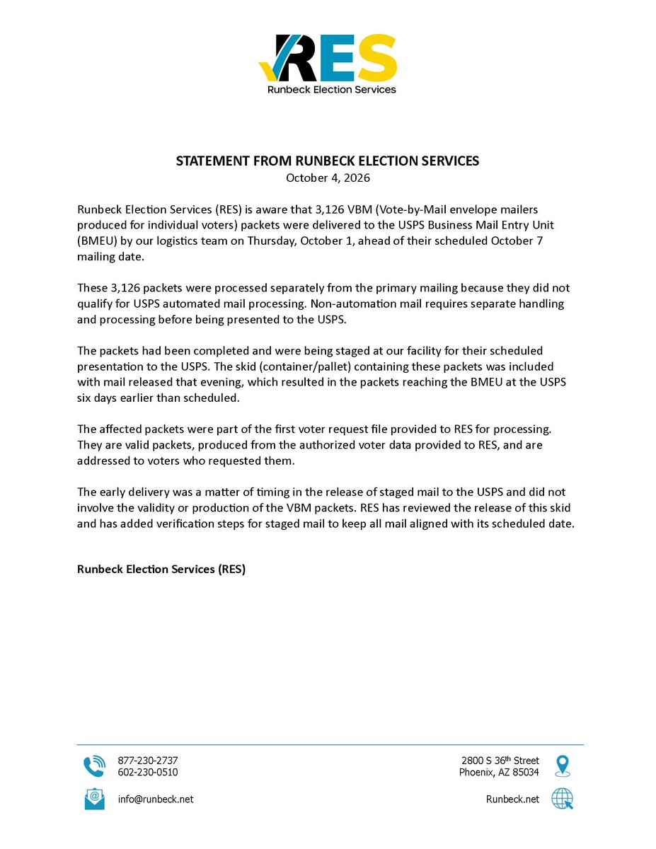 RecordersOffice's tweet photo. Today, Runbeck Election Services (RES) issued the following statement to the media.

We requested that in the interest of transparency they also post the statement publicly; however, they refused.

The MCRO believes this is the wrong call, so we are posting it publicly for them.