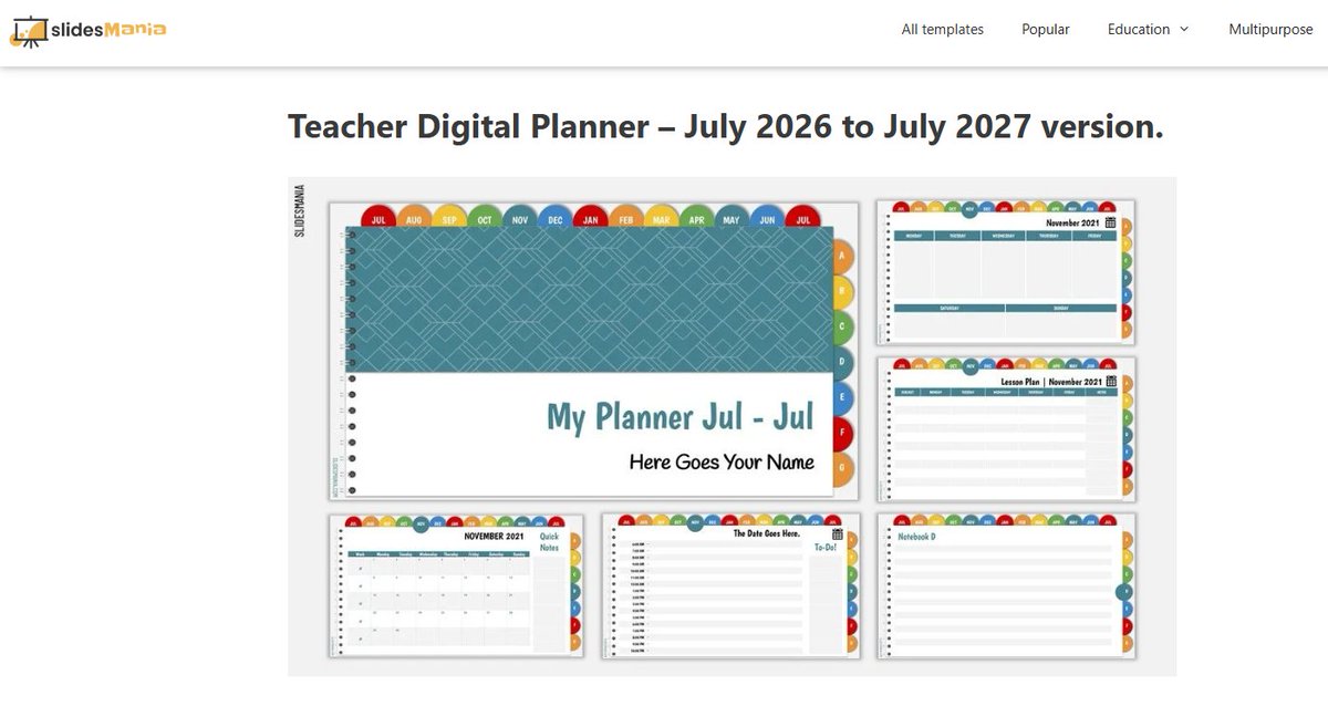 obweith's tweet photo. I found this awesome Teacher Digital Planner template on SlidesMania, and I think it would be a great and really comprehensible way to create schedule slides and let students see agendas for each day! #EdTechECC ๐๏ธ https://t.co/fYnoUtuMvJ