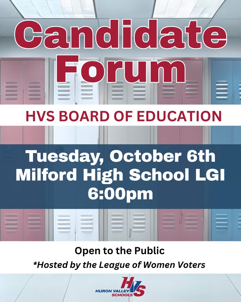 MuirColts's tweet photo. HVS Board of Education Candidate Forum

Tuesday, October 6 at 6 pm in the LGI Room at Milford High School. The forum is open to the public. It will also be recorded &amp; shared on HVS-TV and the district’s YouTube channel for those unable to attend in person. https://t.co/km031gTGzj