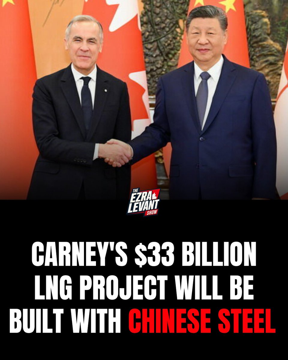 ezralevant's tweet photo. Buy Canadian. 

Unless it's the biggest project in the country. 

LNG Canada confirmed this week that its $33 billion expansion in Kitimat, B.C. will use steel modules built in China. 

Mark Carney fast-tracked this project. 

On Tuesday he called it the second-largest facility of its kind in the world. 

Asked about the steel, he said that's for LNG Canada to decide. 

One of its five owners is PetroChina, a Chinese state-owned company. 

Our steelworkers are hurting. The steel is coming from Beijing.