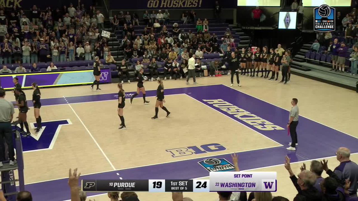 A Washington Huskies volleyball player celebrates on the court after closing out the first set 24-19 over Purdue with a set point, as teammates watch from the sideline and fans cheer in the background. The scoreboard confirms the set point and the "Set Point" indicator, matching the post's celebration of closing the set herself.