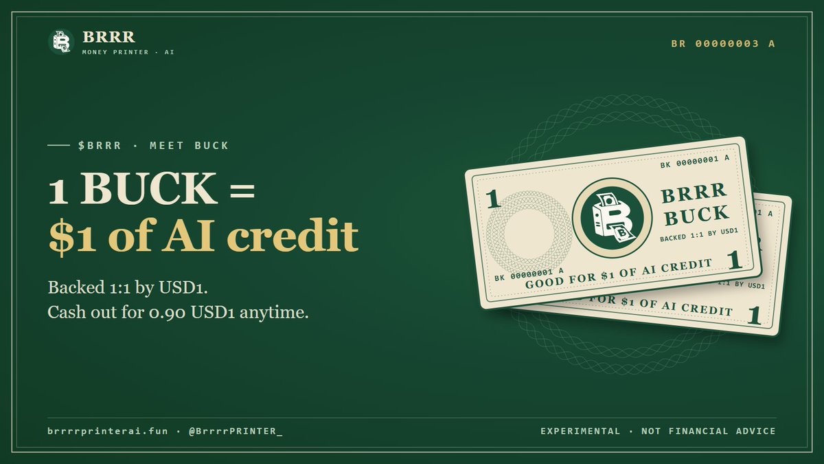 BrrrrPRINTER_'s tweet photo. Meet BUCK.

· 1 BUCK = $1 of AI credit
· Every BUCK is backed 1:1 by USD1. Nothing printed out of thin air
· Activate it and one API key gets you Claude, GPT, Gemini, DeepSeek and more
· Changed your mind? Cash it out for 0.90 USD1 anytime

It's what the $BRRR printer prints. https://t.co/jMMHxS3siW