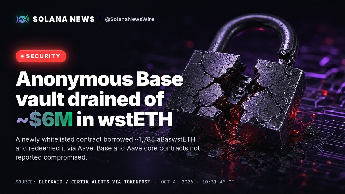 SolanaNewsWire's tweet photo. SECURITY: An anonymous vault on Base lost ~$6M after a newly whitelisted contract borrowed ~1,783 aBaswstETH and redeemed it through Aave for wstETH, per Blockaid and CertiK alerts.

The vault is run by a 3-of-7 Safe with unidentified signers. Base itself and Aave's core contracts were not reported compromised.