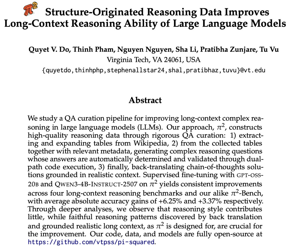Quyet_Azir's tweet photo. 🚀 I am excited to share our recent work, which I will present at #COLM2026

🚨 Our data curation framework improves LLMs’ long-context reasoning capability in open domains, even via self-distillation!

We introduce Pi^2, a pipeline that 1) transforms Wikipedia tables into high-quality long-context QA data and 2) back-translates reasoning traces with realistic context.

📜: https://t.co/Ogl79gjeMB
💻: https://t.co/Fg1NkSgmCG
🧵:👇

(1/n)