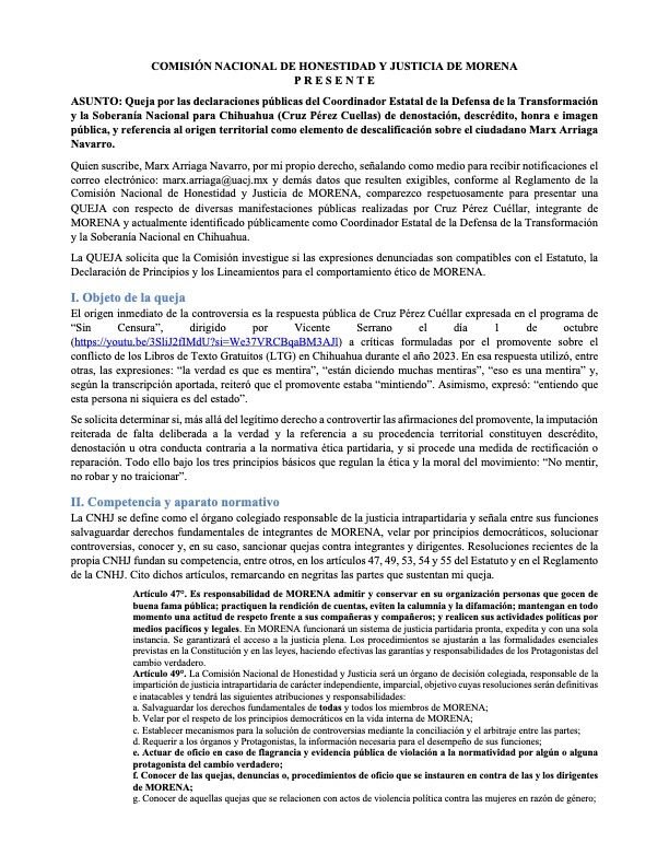 MarxArriaga's tweet photo. ¡No mentir, no robar, no traicionar!

Aquí la queja que envié a la Comisión Nacional de Honor y Justicia del @PartidoMorenaMx.

Como anuncié con @jantonioruizh, si la respuesta de @CruzPerzCuellar no repara los daños; entonces, convocaremos al magisterio insurgente e insumiso mexicano a tomar el Cielo por Asalto.