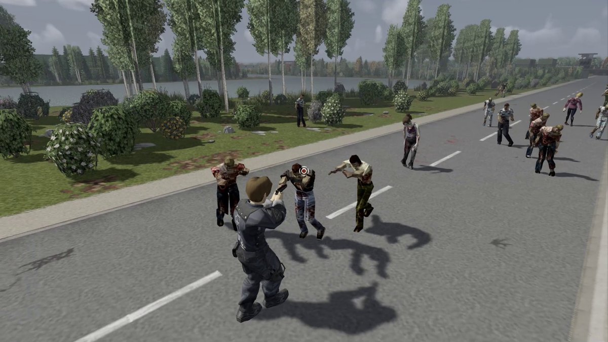 A video game scene showing a character in dark clothing shooting at multiple zombies on a paved road lined with trees and bushes.
