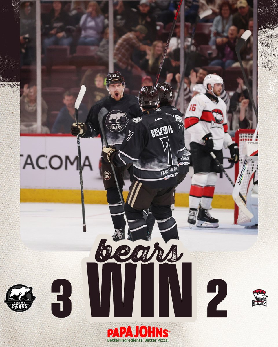 TheHersheyBears's tweet photo. The Checkers merely adopted the dark. We were born in it. 🦇🐻

BEARS WIN!!!

Use promo code BEARS50 for 50% off your Papa John's regular menu priced pizza the day after a Bears victory! https://t.co/KcSudLFLaV