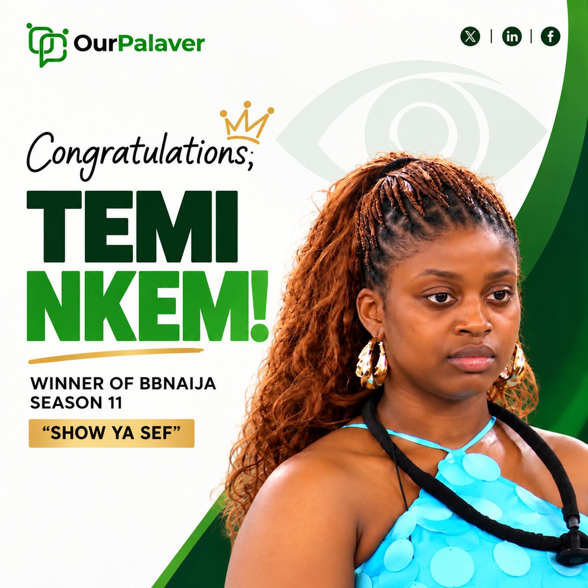 ourPalaver's tweet photo. 70 days of laughter, fire, chaos, bold moments and a personality you simply couldn’t ignore.

Congratulations to Temi Nkem on being crowned the winner of BBNaija Season 11 @Temiinkem  from Ourpalaver 
#Bbnaija https://t.co/8JvNacqV0i