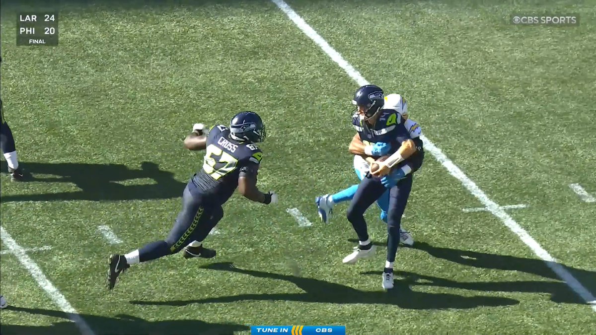 A CBS Sports broadcast screenshot showing the final score LAR 24, PHI 20, with a Seattle Seahawks player (#57 Cross) pursuing a ball carrier during an NFL game.