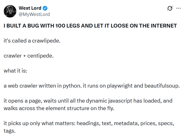 BrianDevoor's tweet photo. FRUIT FLY DEV BUILT A NEW CRAWLER 2.0

The Creator of the Fruit Fly just dropped a new project called "Web Crawlipede".

Its an advanced version of the Web Crawler and just got dropped 1 hour ago.

https://t.co/GSFpVXlZyi https://t.co/r6t4ldooKJ