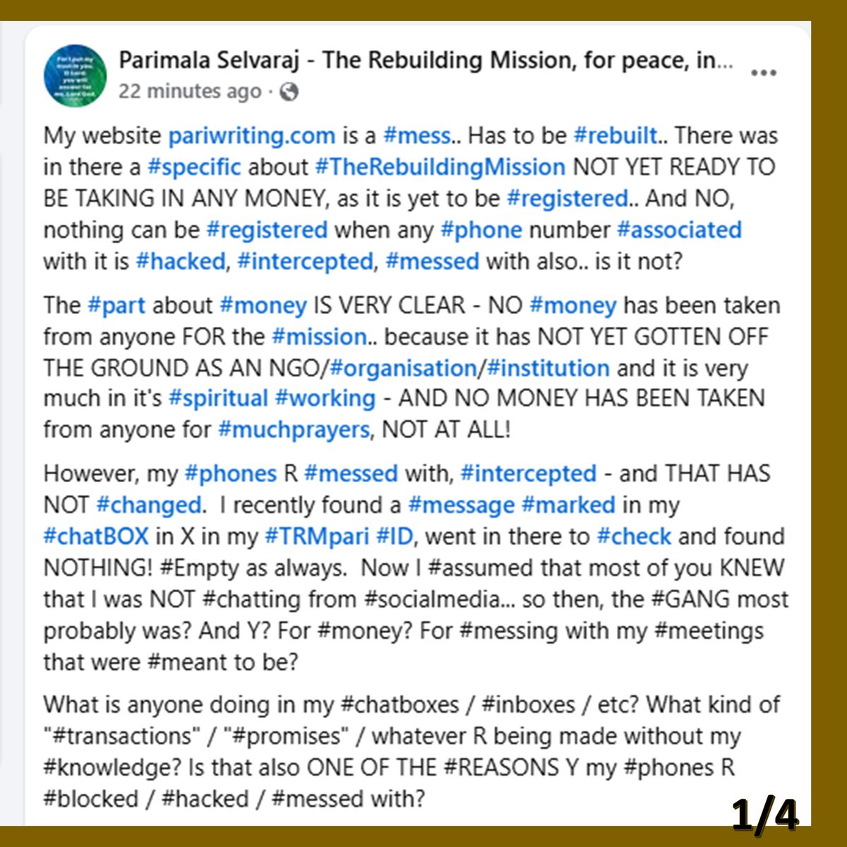 PariWriting's tweet photo. There R #scores of #conflicts n #problems #worldwide n #surely my #rants about #OTPs, #money, etc, may NOT seem imp.. However, my #posts R only an #indication of what may/cld be #happening to you.. is more a #beware msg.. Am attaching #slides frm a #facebook #post a lil while ago https://t.co/3smD1F94wn