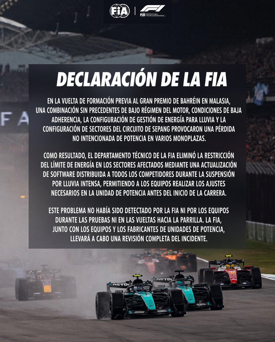 F1Tornello's tweet photo. #F1 Increíble! Lo adelantamos en la transmisión y FIA lo ratifica en su comunicado. Una combinación de factores como la baja velocidad, el escaso agarre, ciertas características del circuito de Sepang y un problema de software provocaron la enorme demora en comenzar el GP, más allá de la condición climática previa. Traducción? El nuevo reglamento se cobró otra carrera con demoras y  espacios muertos inconcebibles. Ya no se puede disimular 🏁