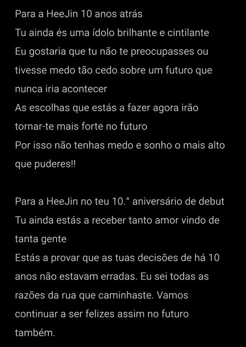A black screen with white Portuguese text containing two messages addressed to 'HeeJin' on her 10th debut anniversary, expressing pride and encouragement about her idol career.