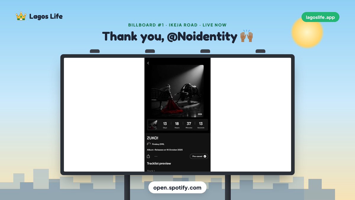 Shalom_HeyEliy's tweet photo. ZUKO! on Billboard #1 in Lagos Life 🎶🔥

Fireboy DML's upcoming album, 13 songs, out 16 October. Pre-save it now 🎧

👉 https://t.co/cB55ab5RDP

You can promote your business too: https://t.co/Cs2d61Tv45 https://t.co/538EvnM7gS