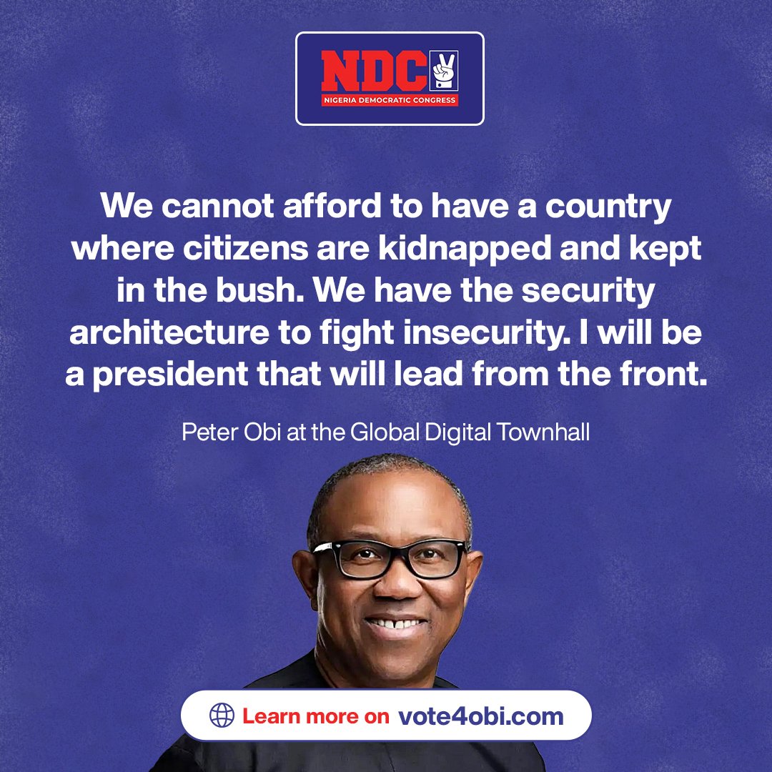 Vote4OK2027's tweet photo. A Nigeria where the law is supreme and no citizen is kidnapped and kept in the bush. 🇳🇬

H.E Peter Obi(@PeterObi) on the country we need: people living freely, with a government that is for them, not against them. On security, he says the architecture to fight insecurity already exists, and he will lead from the front.

Safety and justice are not favours. They are what every Nigerian is owed. Make them count on election day:
1️⃣ Sign up on the platform at https://t.co/B8S1cOCJKF
2️⃣ Vote Obi and Kwankwaso
3️⃣ Deliver your 20

#NDC #Vote4Obi #OneNigeria #MyTwentyVotersForObiKwankwaso #NigeriaWillBeOK