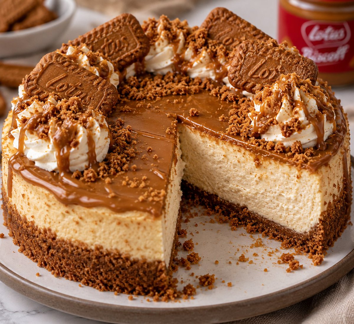 Cheflorarecipes's tweet photo. Biscoff Cottage Cheese Cheesecake

Ingredients:

Biscoff Crust:
3/4 cup almond flour
3/4 cup finely crushed Biscoff cookies, about 15–20 cookies
1 Tablespoon maple syrup
4 Tablespoons salted butter, melted

Cottage Cheese Cheesecake:
1 8-ounce block cream cheese
1 1/2 cups 4% cottage cheese
1/4 cup maple syrup
1/4 cup cane sugar
2 teaspoons vanilla extract
1 teaspoon lemon juice
2 large eggs
1/4 teaspoon salt
1 1/2 Tablespoons cornstarch

Biscoff Topping:
1/2 cup Biscoff spread or cookie butter
1/4 cup maple syrup
Leftover crushed Biscoff cookies