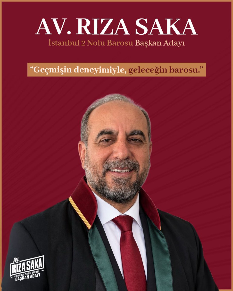 RizaSaka's tweet photo. Değerli Meslektaşlarımız,

Camiamızın farklı kesimleriyle gerçekleştirilen kapsamlı istişareler neticesinde ortaya çıkan ortak irade ve mutabakat doğrultusunda, İstanbul 2 No’lu Barosu Başkan Adaylığı şahsıma tevdi edilmiştir.

Bu teveccühü, büyük bir onur ve sorumluluk olarak kabul ediyorum.

Farklı görüş ve düşünceleri ortak aklın zenginliği kabul eden; birlik, istişare ve mesleki dayanışmayı esas alan bir anlayışla, İstanbul 2 No’lu Baromuzun geleceği için çalışacağız.

Ortak irademiz, güçlü baromuz, aydınlık geleceğimiz için…

Av. Rıza Saka
İstanbul 2 No’lu Barosu Başkan Adayı