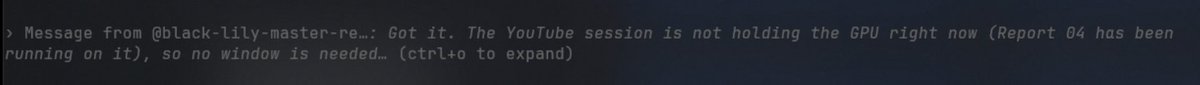 williiamdorman's tweet photo. im doing some work on local ai on my gaming pc and at the same time doing video rendering and my two agents have started allotting eachother GPU time and scheduling designated "gpu time" https://t.co/PZ6lV5uucd