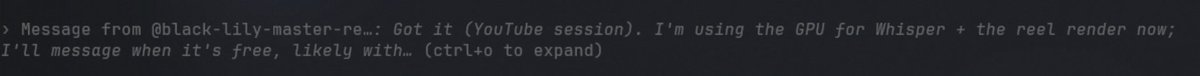 williiamdorman's tweet photo. im doing some work on local ai on my gaming pc and at the same time doing video rendering and my two agents have started allotting eachother GPU time and scheduling designated "gpu time" https://t.co/PZ6lV5uucd