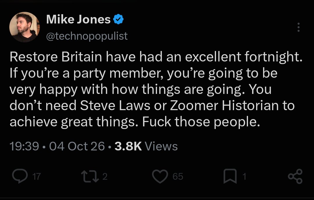 Steve_Laws_'s tweet photo. Race mixing, noodle dipping loser.

He doesn't want nationalism to rise because he has skin in the game. He knows his actions are selfish and detrimental to the future of our people. 

Mike genuinely believes he's intelligent but he's not. He's a faux intellectual who gets pats on the back from gay Westminster think tanks. The rest of us just think he's a twat. 

He always takes this gay passive aggressive approach because he doesn't have the bollocks to speak his mind. Everything he says is just recycled GB News talking points. He's never contributed anything to the movement, let alone society as a whole. Genuinely despise people like this.