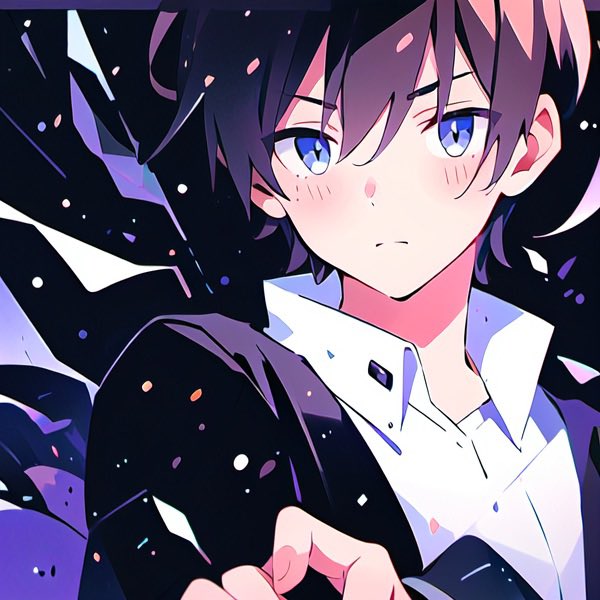 An anime-style illustration of a young man with dark hair and blue eyes, wearing a black jacket over a white shirt, set against a dark background with glowing particles.