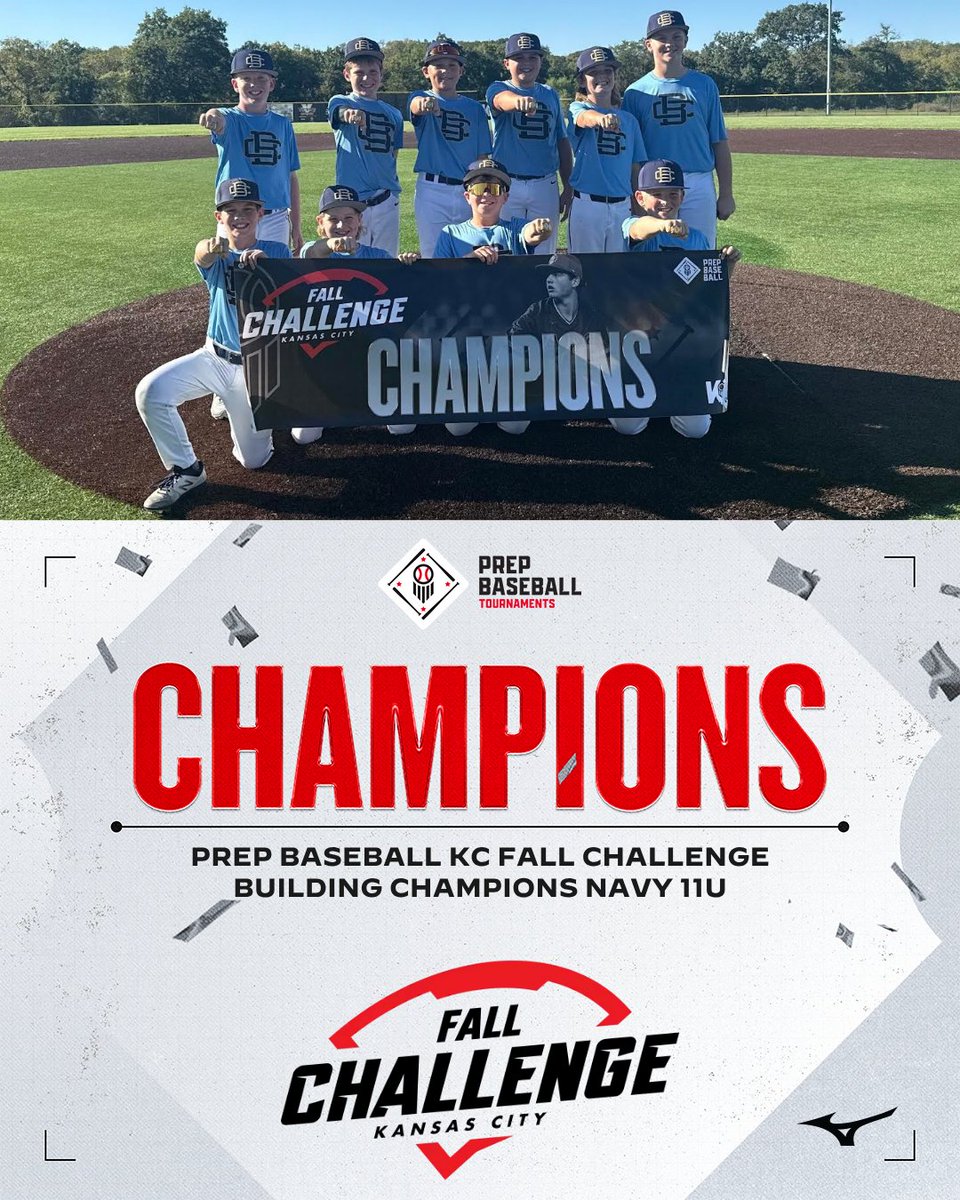 PBTKansasCity's tweet photo. πCHAMPIONSπ
Congratulations to the 2026 Prep Baseball KC Fall Challenge 11u (D1/D2) Champions, Building Champions Navy 11u!
#PrepBaseballKC | #KCFallChallenge https://t.co/L0meibsgaa
