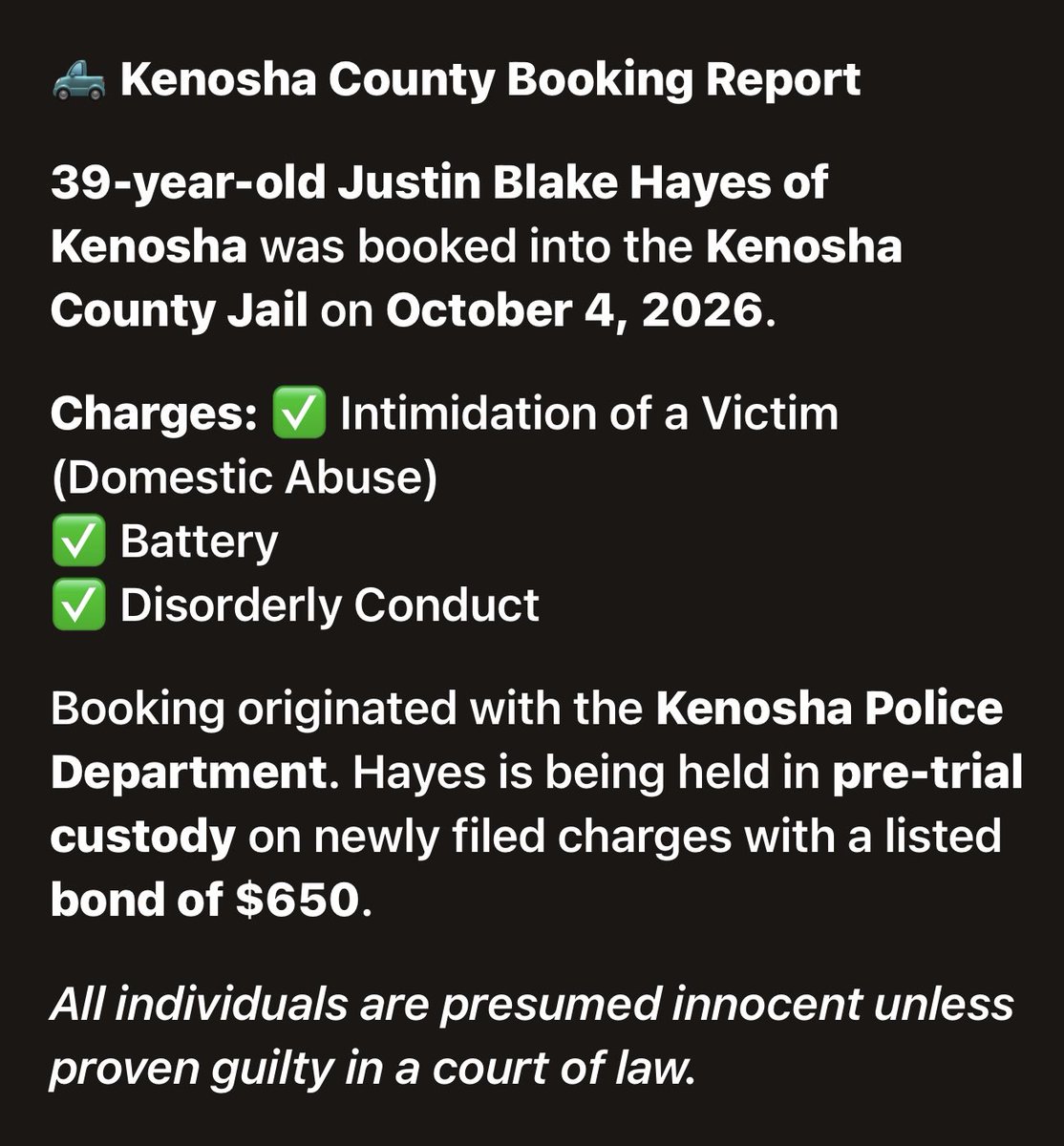KenoshaRising's tweet photo. HAYES, JUSTIN BLAKE
✨⭐️✨⭐️💩✨⭐️✨⭐️

📍 #KenoshaCounty #KenoshaWI 🚔 #JailBooking 📰 #LocalNews ⚖️ #CommunityUpdate
👮‍♀️#KenoshaPD

https://t.co/83URZBHiPy https://t.co/8EeDTBOeeQ