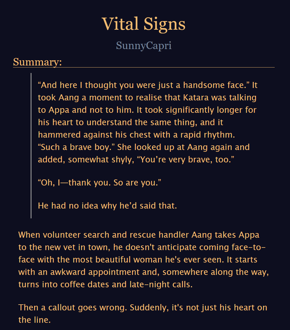 palavenskies's tweet photo. My Kataang fic, Vital Signs, is now completely finished, with all chapters uploaded! It features Vet Katara and Search-and-Rescue Aang. (Sorry for the wait!)

#kataang

https://t.co/0c5rcVmWNi https://t.co/sKDOjhooeL