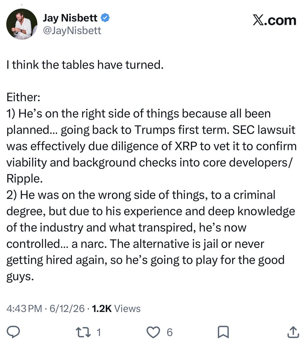 JayNisbett's tweet photo. $XRP

I’ve talked about Jay Clayton before…

Is it possible that this is the role in which Clayton finds himself? He’s not anti crypto, the opposite. Not the executioner… more like a drawbridge operator. He mans the bridge that allows people past the moat of regulatory capture.

This could likely lead the market to believe AI regulatory capture is coming, but likely never will. It could very well be a regulatory freeze. And if Jay Clayton leads this charge, and similar events as to what happened with Ripple and crypto under his guidance occur with AI… I would think it is a fairly high probability that what I outlined could carry weight.

If the US saw XRP (then) as a potential path out of the economic situation we are seeing (now)… it would only work as a repricing vehicle / financial infrastructure rails / fraud & abuse prevention tech if they 1) owned enough supply, 2) XRP price remained low enough for the world to adopt it (which hinges on legal clarity) and 3) understand the risk of it as a potential option for doing so.

The SEC lawsuit helps facilitate all of those things. Jay Clayton may not have been executing XRP as much as he was operating the bridge to be positioned as it needed to in order to get into the castle.

Legal Clarity was definitively provided by the SEC lawsuit and its outcome. This caused the market to view it as over supplied and create a low price which is advantageous for repricing. And in the process, the US Government has all the time in the world to vet the tech and understand whether it’s a viable vehicle. 

I can’t help think about the timeline of events.
Jeffrey Epstein died in 2019.
COVID.
Trump lost the 2020 election.
Between 2020 and Biden’s inauguration in 2021, this lawsuit against XRP comes out, from Jay Clayton who was on the way out of running the SEC. 
Leon Black is ousted from Apollo Management due to $170m worth of payments to Epstein.
Jay Clayton takes Leon Black’s board seat, between April 2021 - 2025
2025 Jay Clayton becomes the head of SDNY… the same SDNY which prosecuted Epstein.
Now he’s head of AI…

He’s hated on for being mentioned in Epstein docs but you haven’t seen the context to understand to make a good judgement yet.

Think about how sporadic it was that the last thing he did was protect XRP by giving it the opportunity through the lawsuit to be provably unique compared to Bitcoin and others. But only after losing 2020 election.

Since Trump lost 2020. Rather than allowing Democratic’ leadership to decide the crypto industry’s future… they gave a free pass to Bitcoin and Ethereum (giving the illusion of being “safe” and “chosen”) and sued Ripple IN A WAY THAT STRATEGICALLY ALLOWED CONTINUED GROWTH.

While the lawsuit was short term negative, it was a Hail Mary to prevent the next administration from doing something they couldn’t control. Like, “Okay, we lost. How can we put this plan on ice, until we win next election?”

The lawsuit WAS NOT regulatory capture for ETH/BTC as much as it was regulatory containment for XRP. Which is why the first thing the new SEC does until this admin is dismiss their appeals. Both Ripple and SEC did.

Which begs the question… since @bgarlinghouse and recently said at KU that he was considering closing up shop after the SEC sued. Why didn’t he? 

BEFORE the suit came - he met with SEC officials (Jay Clayton) multiple times… so if you are to believe what I am speculating (Clayton is acting on good side, lawsuit was protection /putting a pause until 24 election, etc.) you should also believe that this amount of planning would require the coordination of Brad and Larsen through out the process.

Which makes perfect sense to have them named in the lawsuit, which is completely out of the ordinary… The lawsuit provides cover for consistent coordination. The lawsuit guided the process through to the other side. 

Clayton could have been the bridge operator, not the executioner.