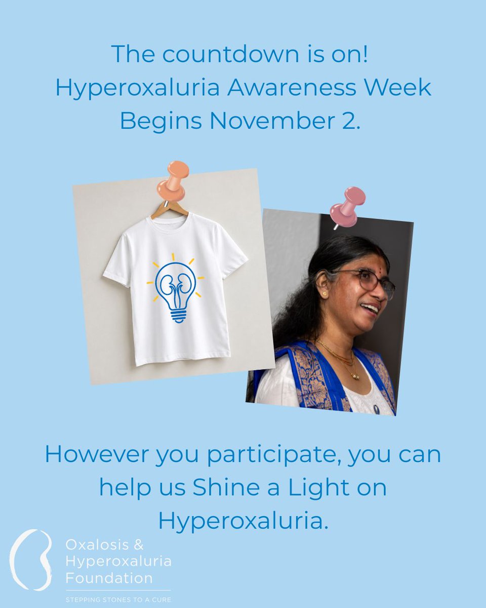 OHFTweet's tweet photo. The countdown is on! π§
Hyperoxaluria Awareness Week Begins November 2. Share. Learn. Give. Speak up.
However you participate, you can help us Shine a Light on Hyperoxaluria. #ShineALight #HyperoxaluriaAwarenessWeek #Hyperoxaluria #KidneyHealth https://t.co/8nGn7BHHLC