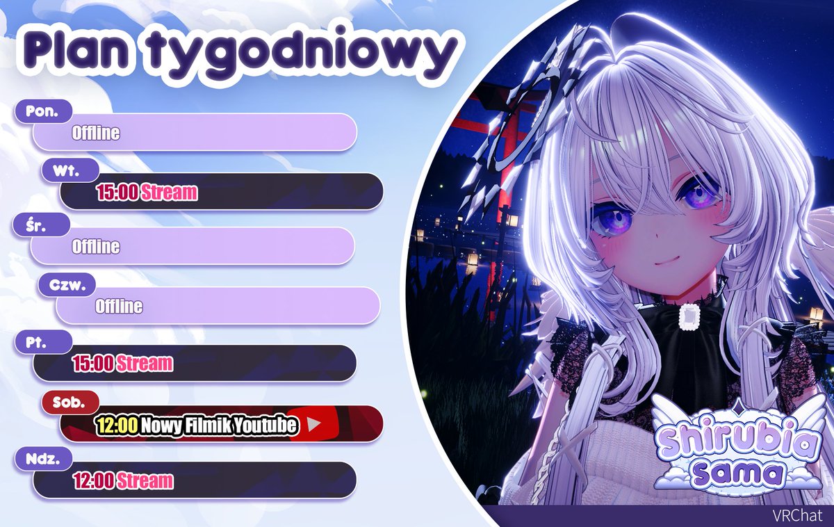Shirubia_sama's tweet photo. Plan na ten tydzień 05.10-11.10
#PLVtuber #VtuberPL #Shirubia
︵‿︵‿୨♡୧‿︵‿︵
wtorek - [STREAM] 15:00
piątek - [STREAM ] 15:00
sobota - [Nowy Filmik - YouTube] 12:00
niedziela - [STREAM ] 12:00
Do zobaczenia~
₊‧꒰ა ☆ ໒꒱ ‧₊˚ ˙⋆**| https://t.co/wgbRhNDbks