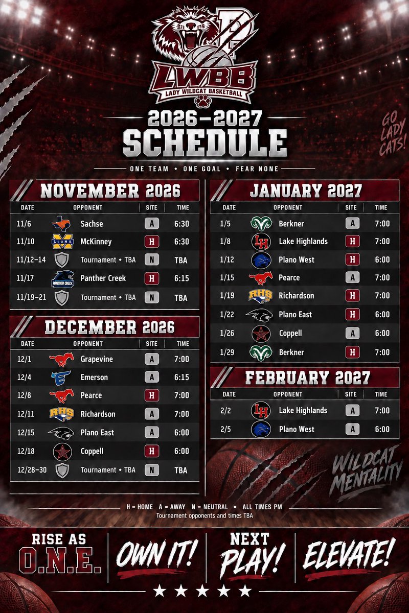 PlanoGirlsBBall's tweet photo. Let’s goooo 🔥 🔥!!! Lady Wildcat 2026-2027 Basketball Schedule! #RiseAs1 #WestillRelentless #FearNone #NoLimit #NoExcuses #GoCats 🐾 🏀 https://t.co/587lZv6Fiw