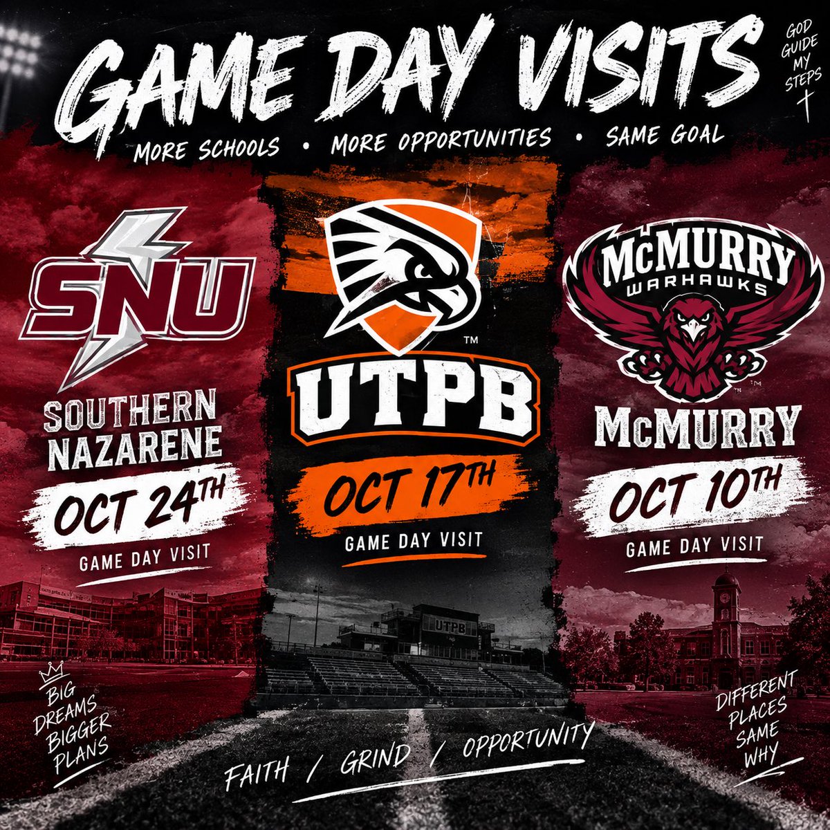 teranceking20's tweet photo. Game Day Visits loading… 🏈🔥 McMurry ➡️ UTPB ➡️ Southern Nazarene. Grateful for every opportunity and excited for what’s ahead!
@Coach_Sims 
@coachrob0718 
@Monterey_Sports 
@CoachWhiteDB1 
@CORESportsRec https://t.co/drxhGxI71h