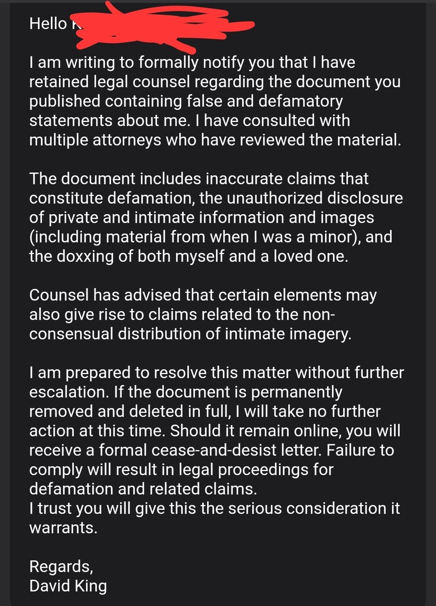 PuggosP's tweet photo. TW/ Grooming, Pedophilia, Exploitation of minors and more
-
-
David King AKA @Fjazwarefan , my past groomer has threatened me with legal action for exposing him as the disgusting predator he is.
This is something groomers will do to their victems, try to scare them into silence and compliance.

I will not be deleting the document. No one deserves to go through the things I went through, I won't ever let David King have another victim again.