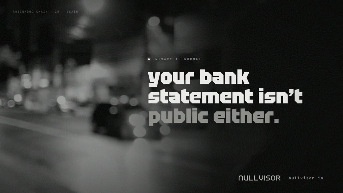 nullvisor_zk's tweet photo. your bank statement isn't public. your card history isn't public. why is your wallet?

privacy isn't suspicious. it's normal. https://t.co/JSksIIlX4J