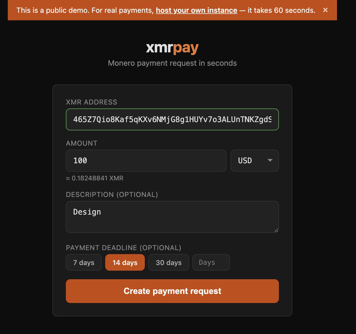 RCaldwellTX's tweet photo. A simple hidden gem if you run a shop or sell services: make $XMR payment requests in a few seconds.

It’s xmrpay by @schmidt1024. It generates a wallet URI, QR code, and PDF invoice, with optional fiat amounts, all in the browser. No account, no KYC. https://t.co/mZYpGwxqb8